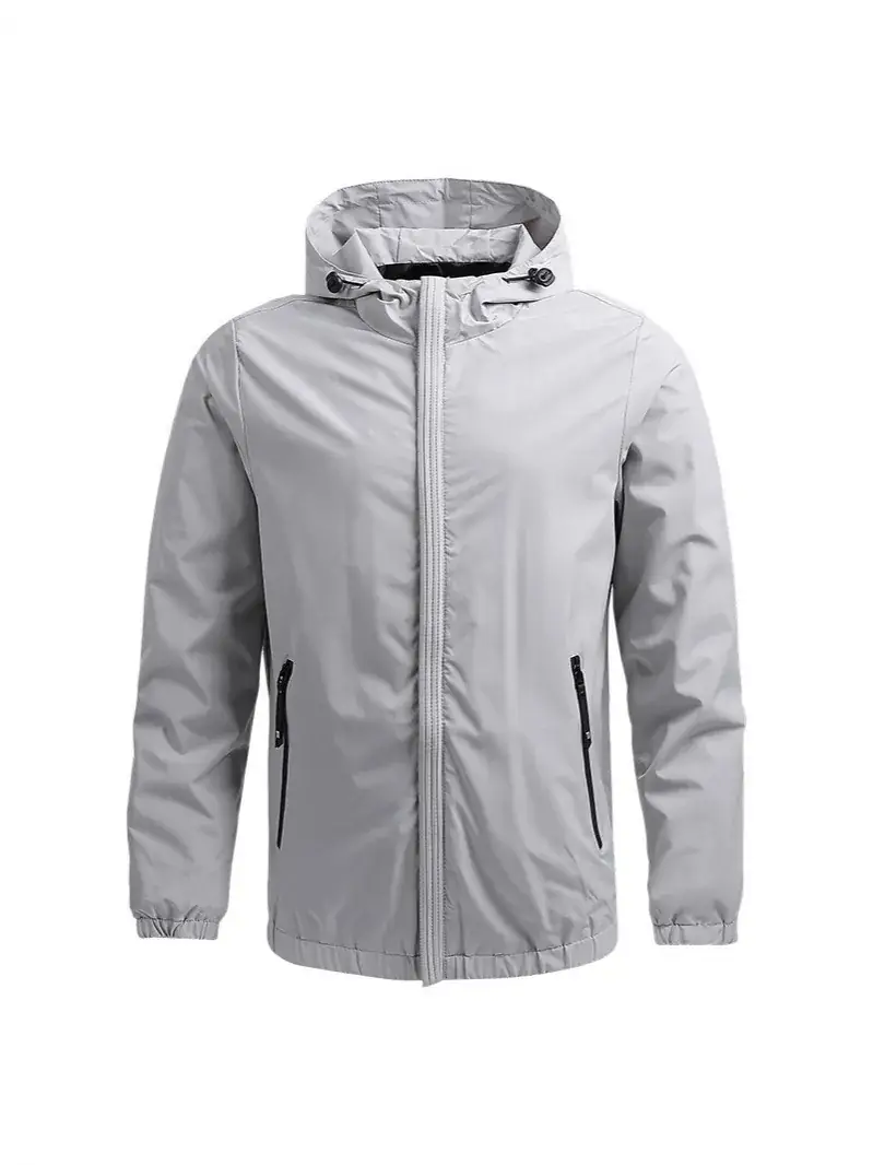Men Grey Hooded Zipper Jacket Solid Color - Image 5