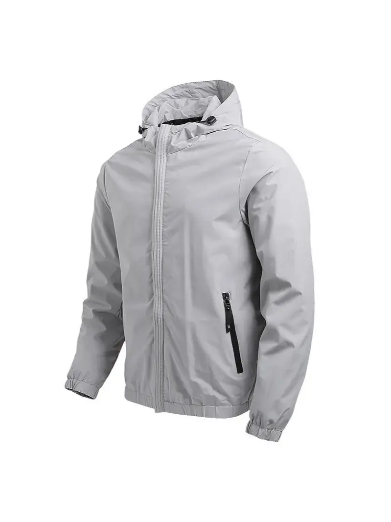 Men Grey Hooded Zipper Jacket Solid Color - Image 6