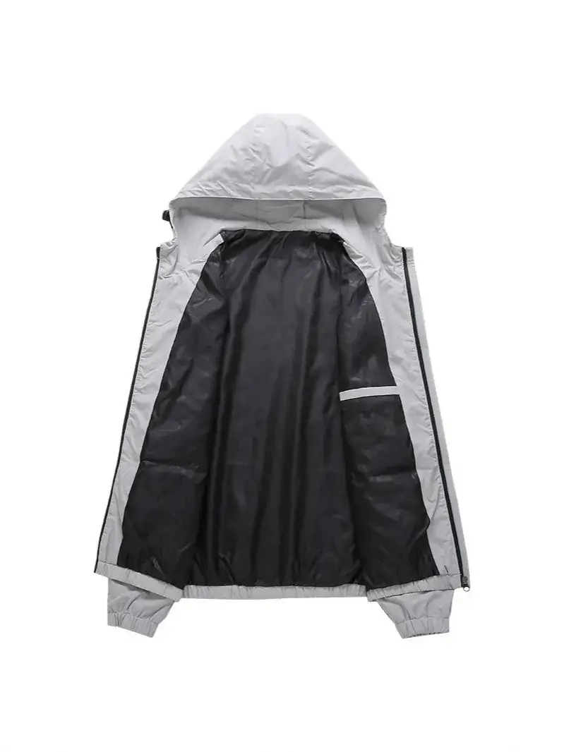 Men Grey Hooded Zipper Jacket Solid Color - Image 8