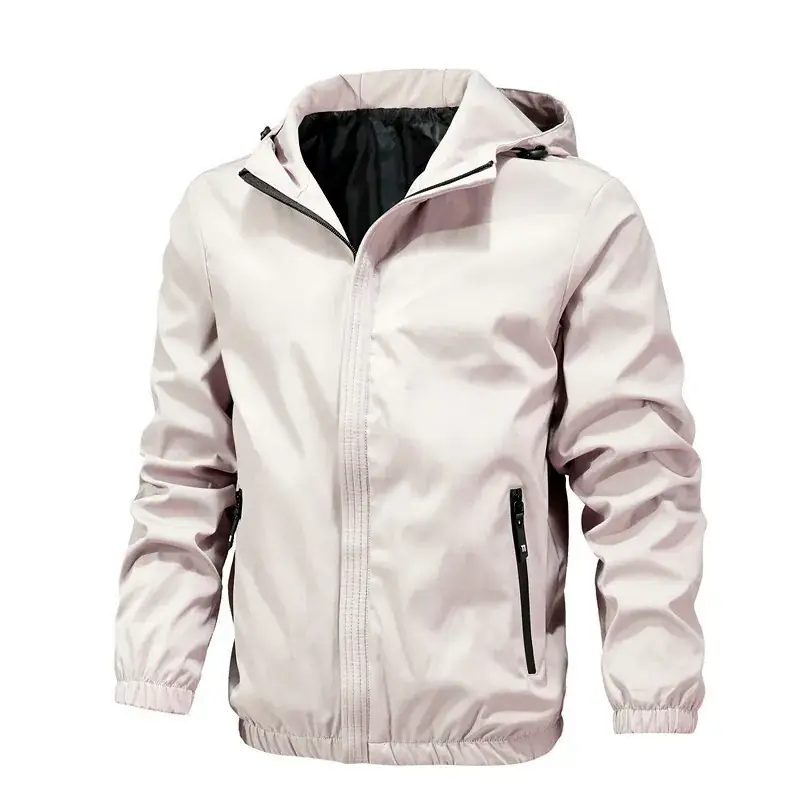 Men Grey Hooded Zipper Jacket Solid Color - Image 2