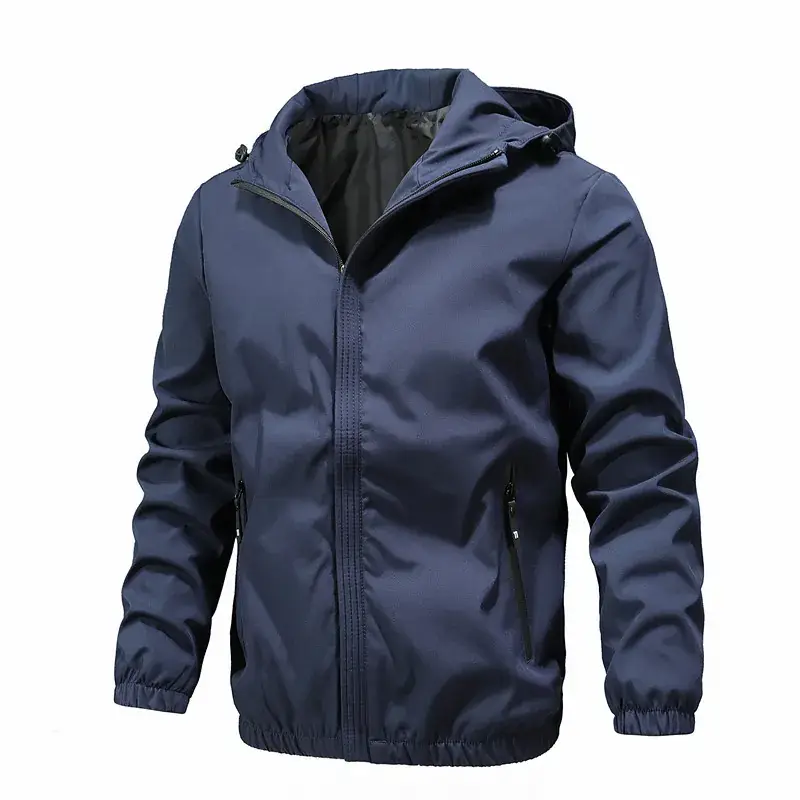 Men Grey Hooded Zipper Jacket Solid Color - Image 3