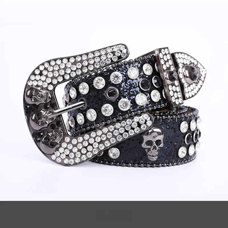 Punk Skull Belt with Rhinestone & Leather Design