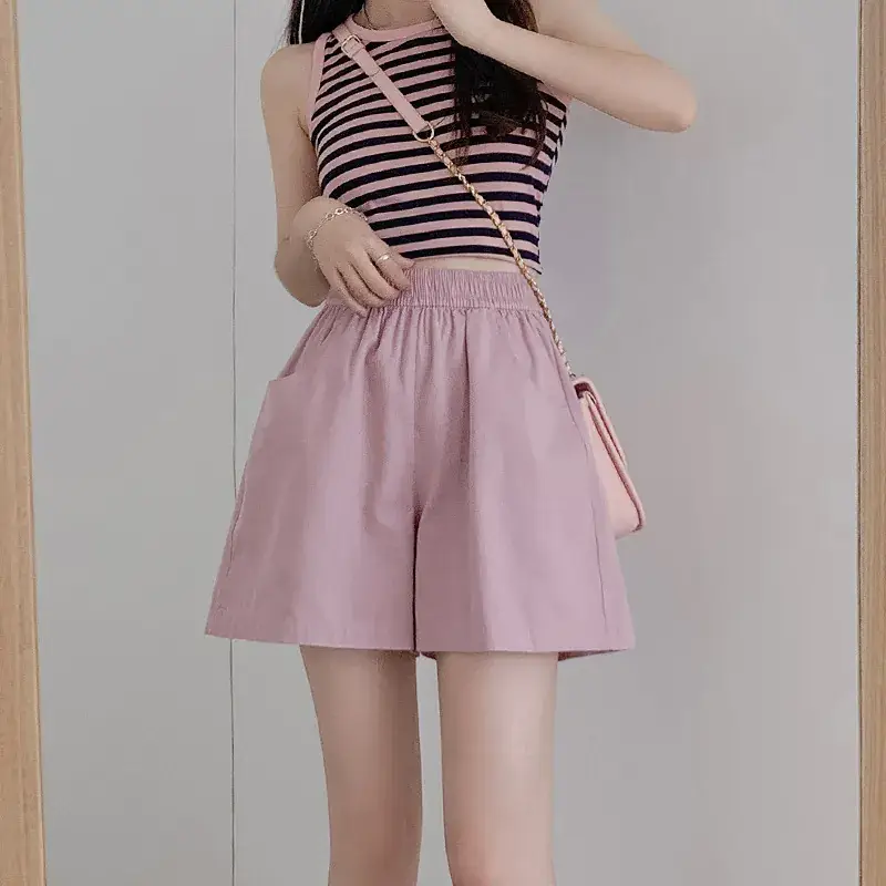 Women's Pink Cotton Wide Leg Shorts with Striped Top
