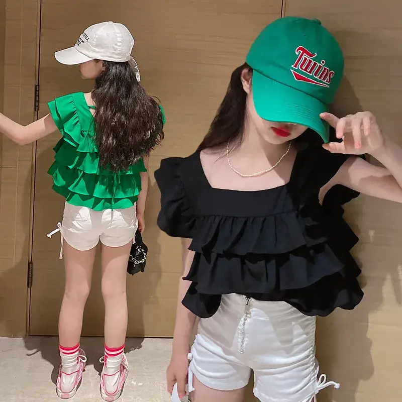 Girls Ruffled Square Collar Top 2022 Summer Set - Image 4