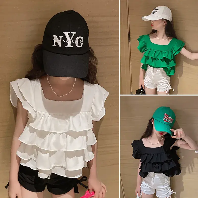 Girls Ruffled Square Collar Top 2022 Summer Set - Image 5