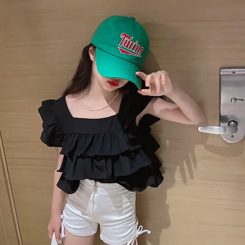Girls Ruffled Square Collar Top 2022 Summer Set - Image 6