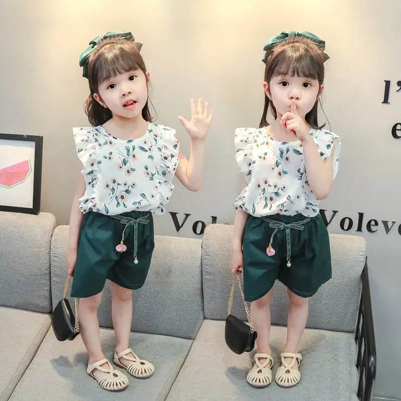Doloke Korean Style Baby Girl Floral Suit Green Shorts