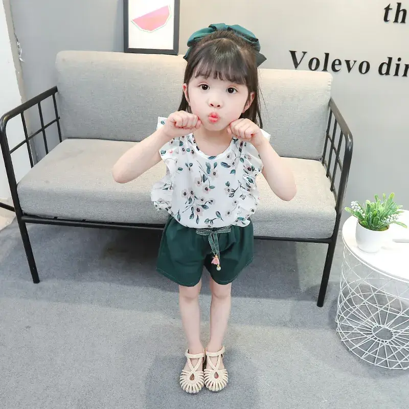 Doloke Korean Style Baby Girl Floral Suit Green Shorts