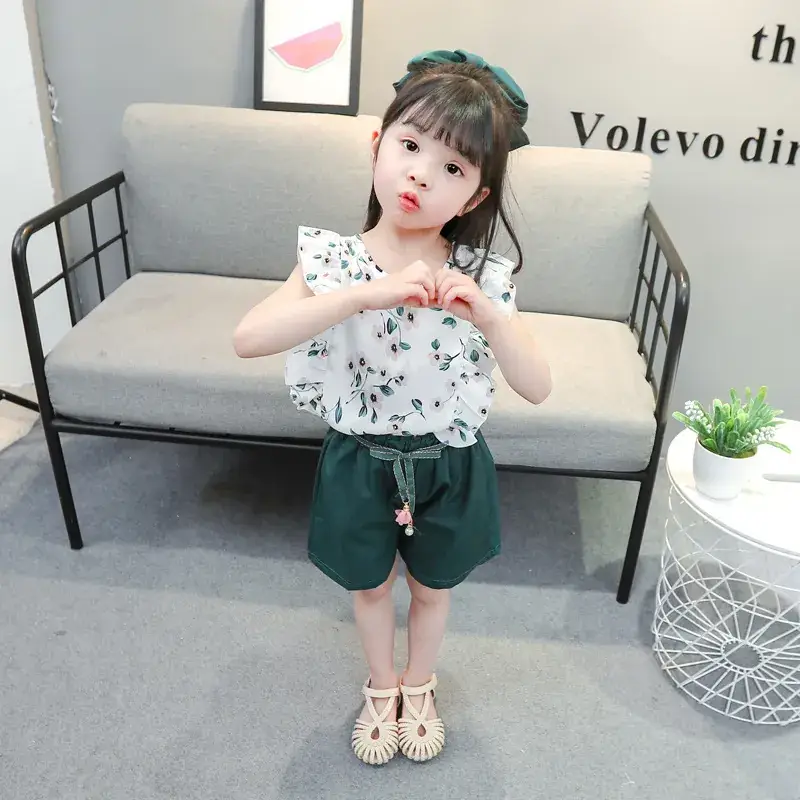 Doloke Korean Style Baby Girl Floral Suit Green Shorts