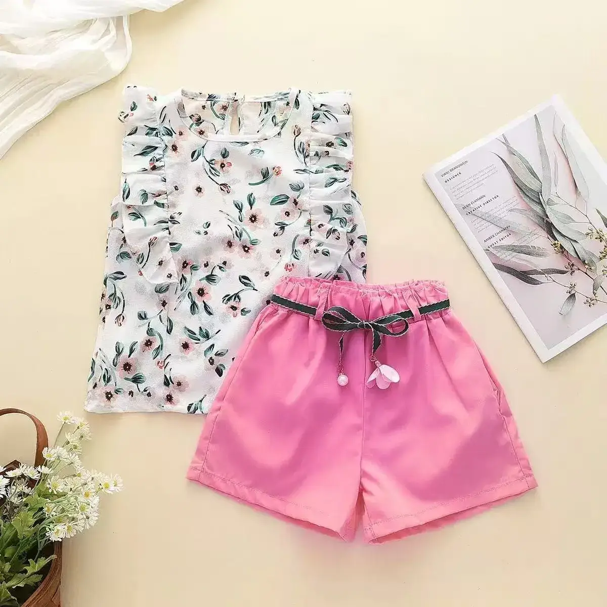 Doloke Korean Style Baby Girl Floral Suit Green Shorts