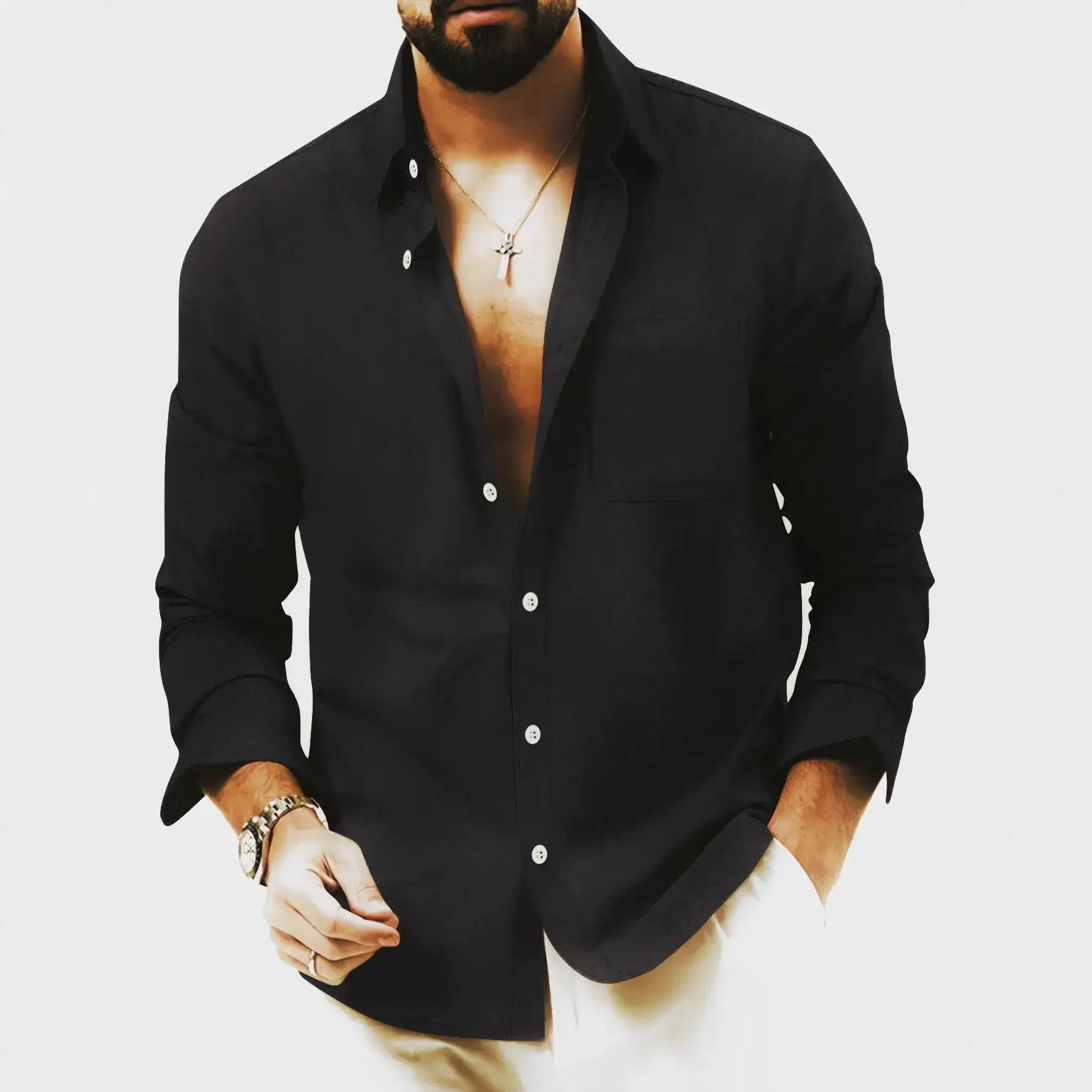 European Size Men's Blue Fleece Shirt Double Breasted Long Sleeve - Image 11