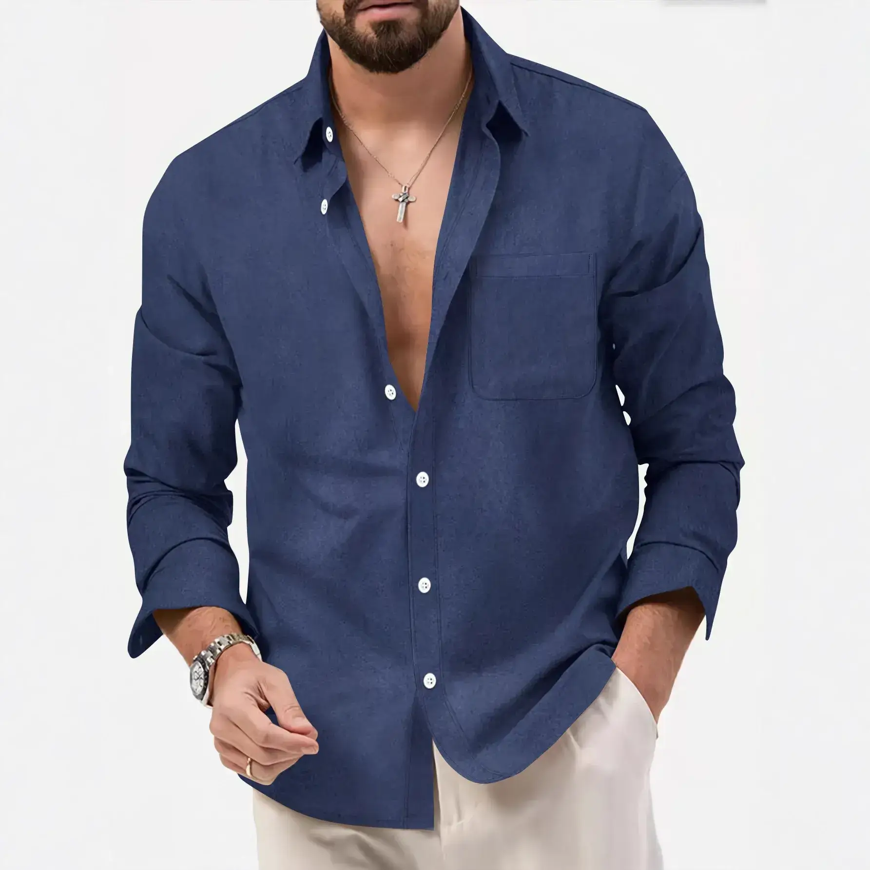 European Size Men's Blue Fleece Shirt Double Breasted Long Sleeve - Image 12