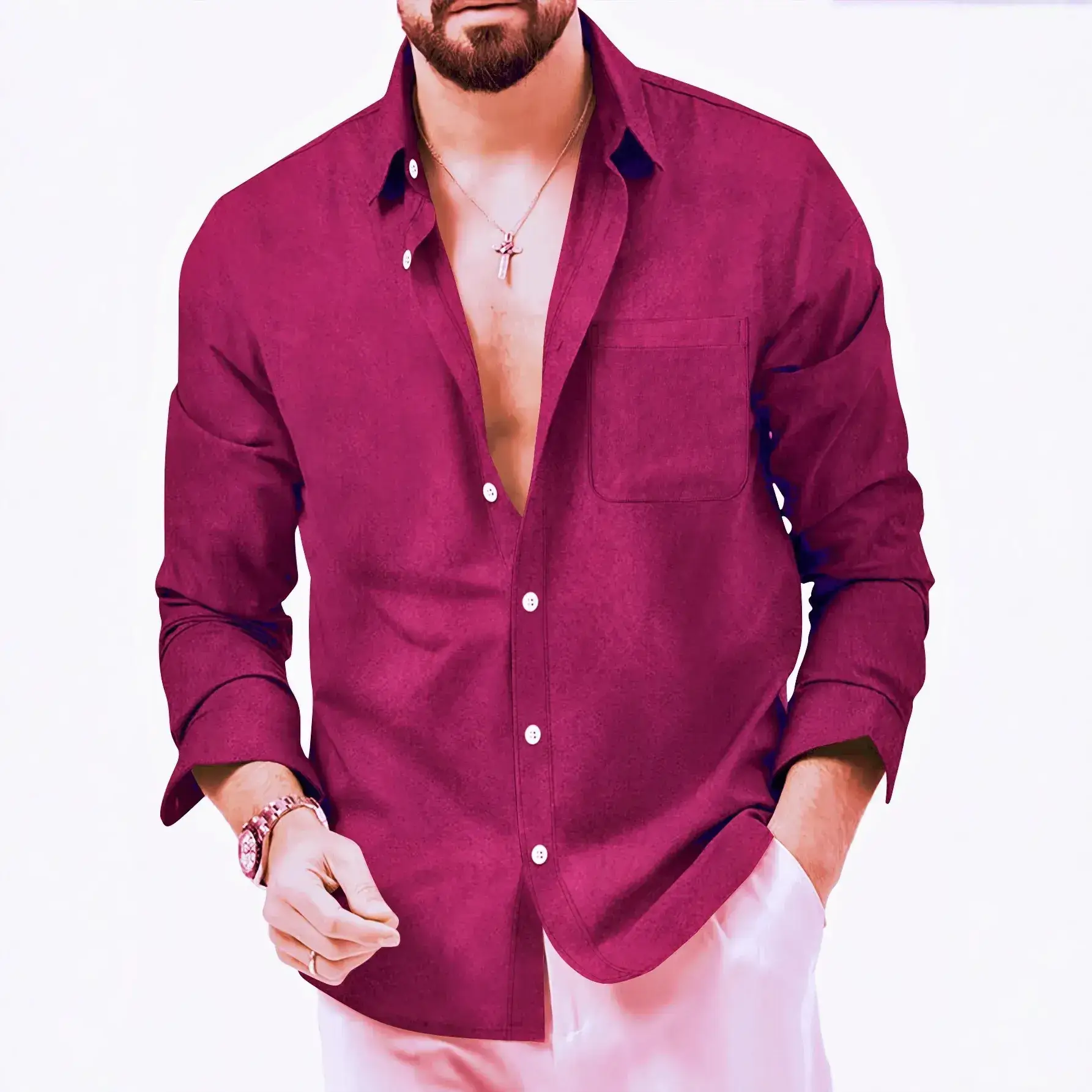 European Size Men's Blue Fleece Shirt Double Breasted Long Sleeve - Image 13