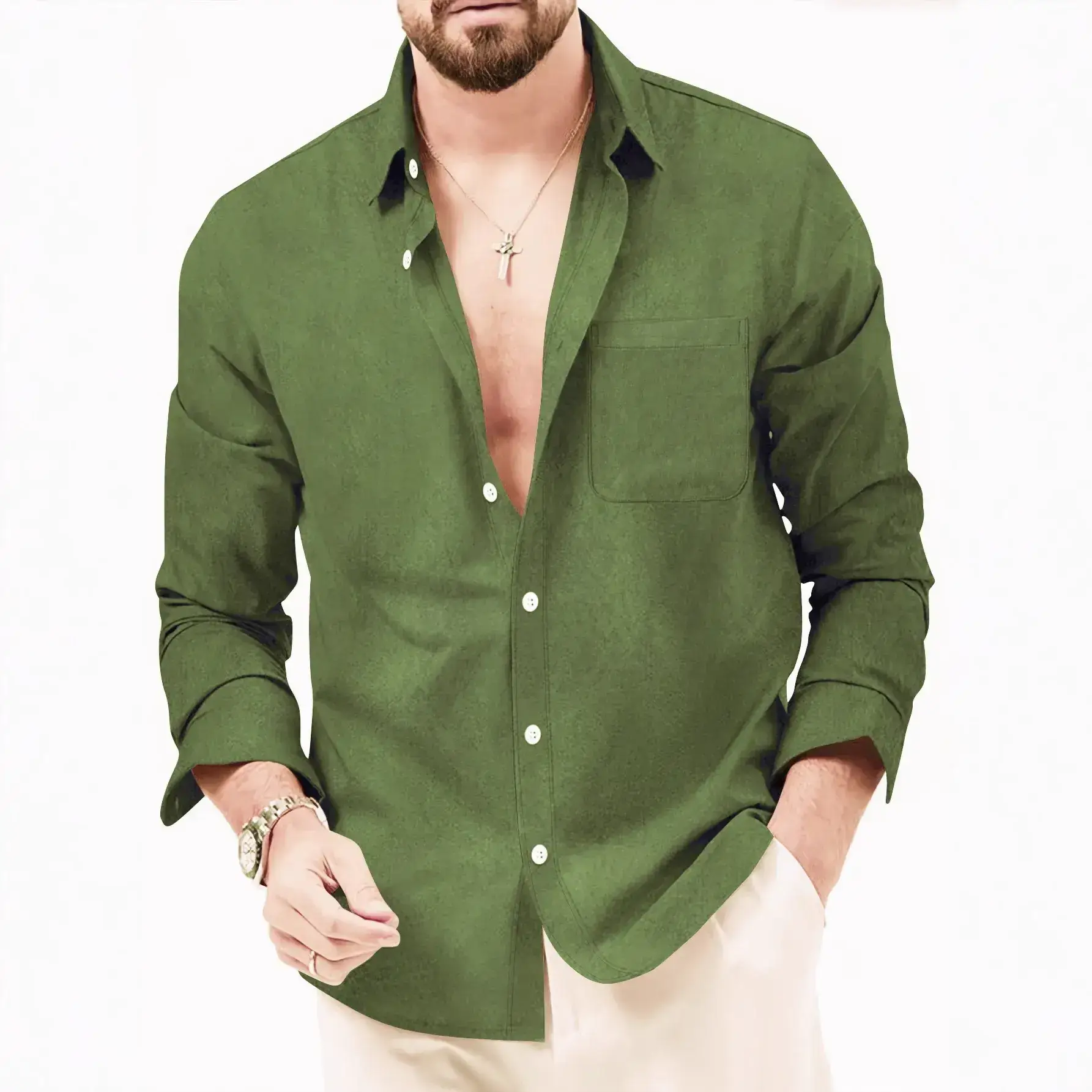 European Size Men's Blue Fleece Shirt Double Breasted Long Sleeve - Image 15