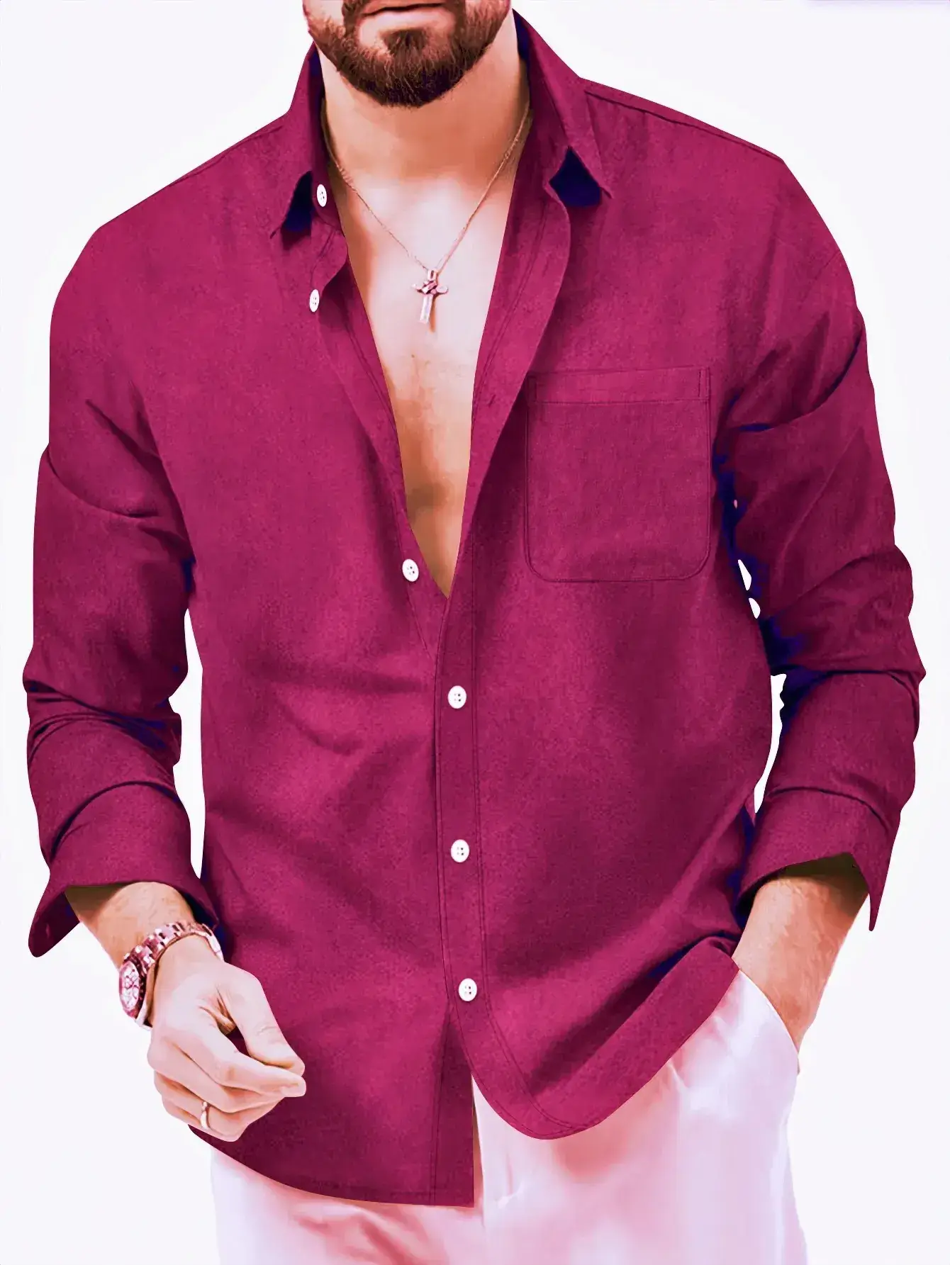 European Size Men's Blue Fleece Shirt Double Breasted Long Sleeve - Image 3