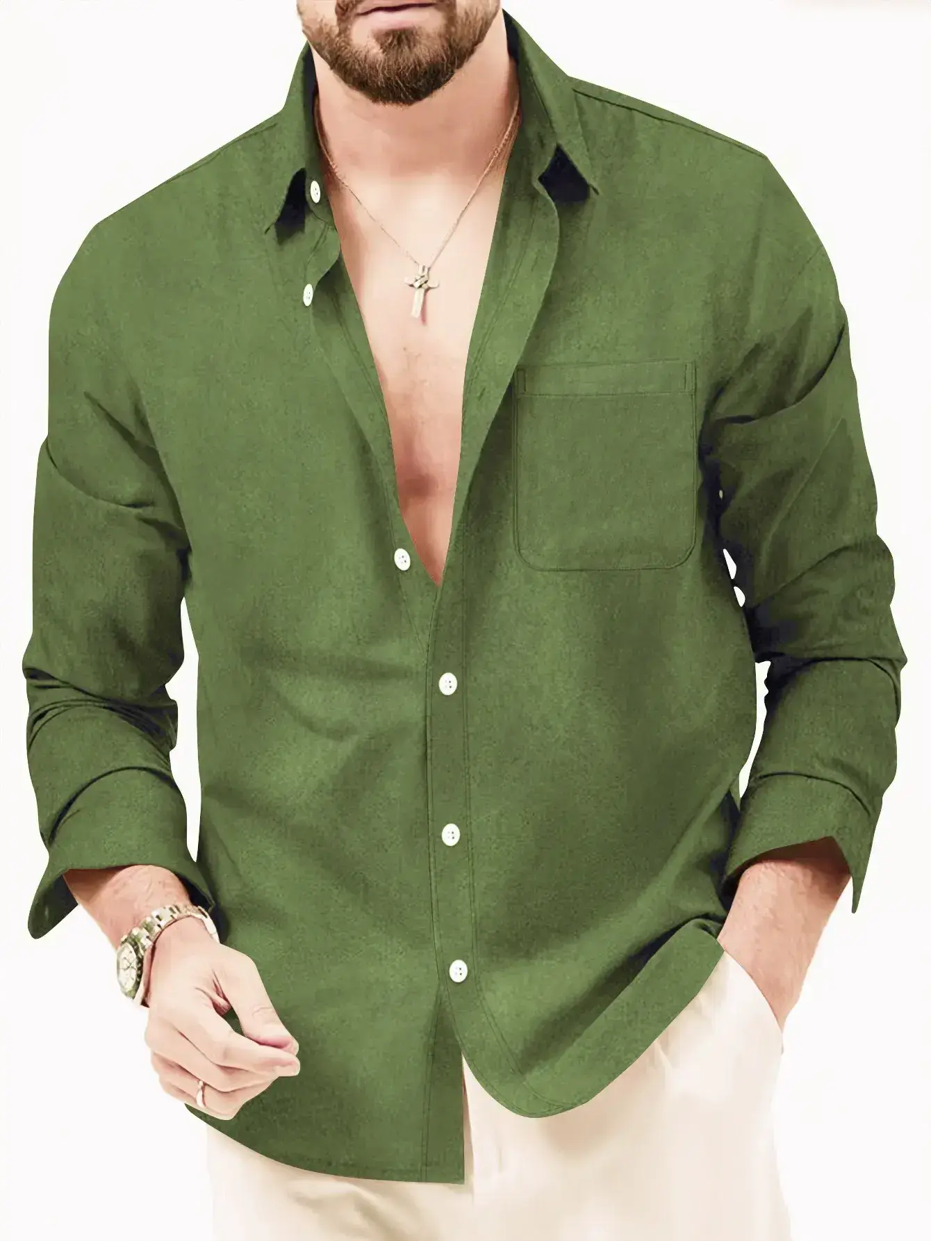 European Size Men's Blue Fleece Shirt Double Breasted Long Sleeve - Image 5