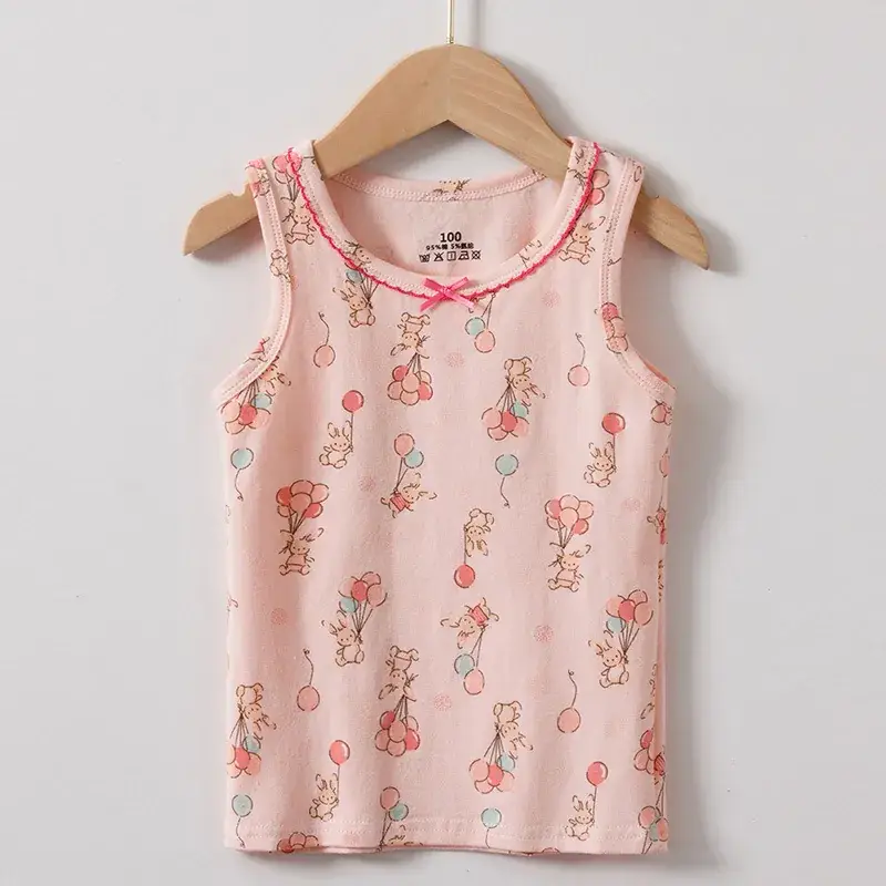 Girls Cotton Cartoon I-Shape Vest Pink Floral - Image 8