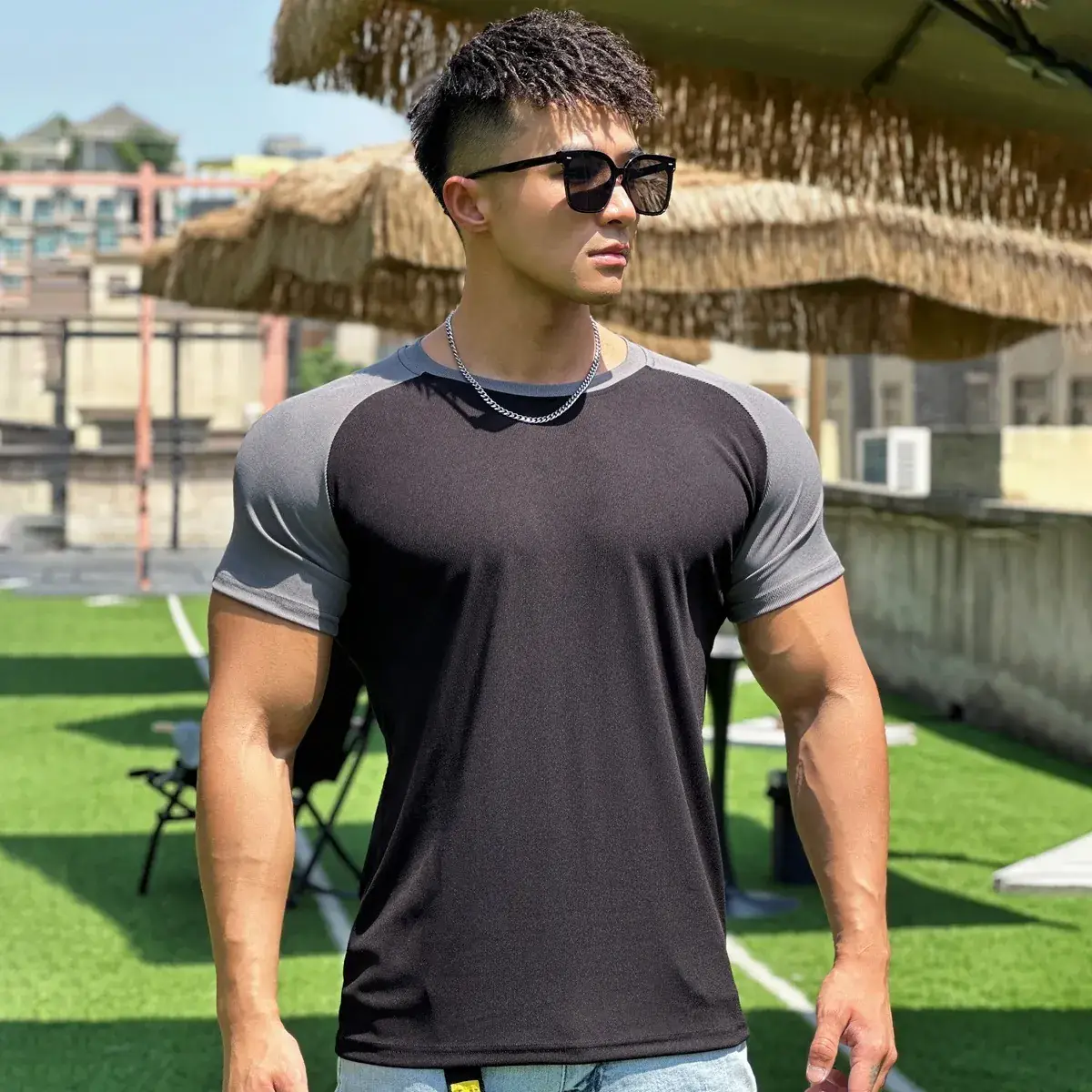 Men's Muscle Sports Semi-Tight Stretch T-Shirt White Black - Image 5
