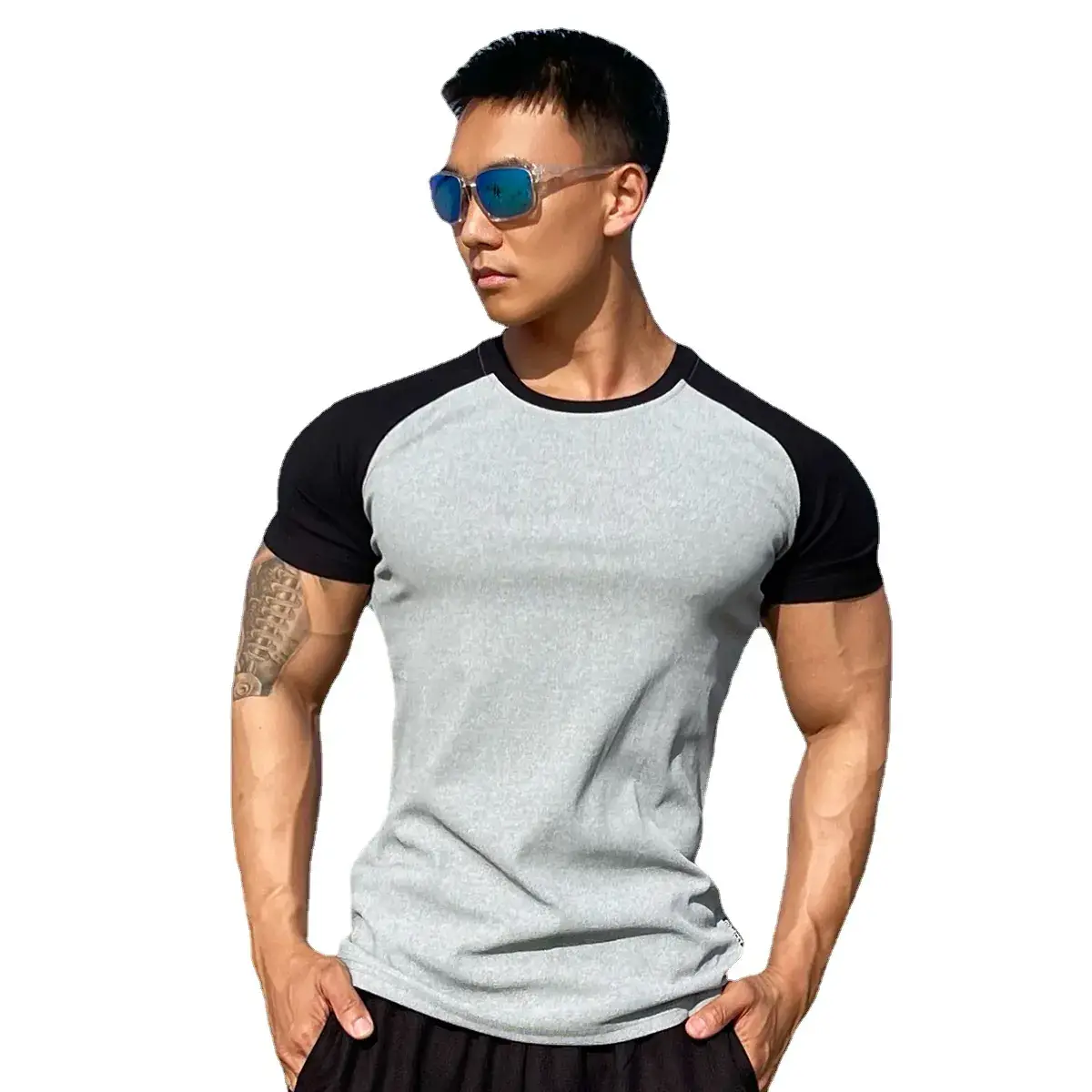 Men's Muscle Sports Semi-Tight Stretch T-Shirt White Black - Image 9