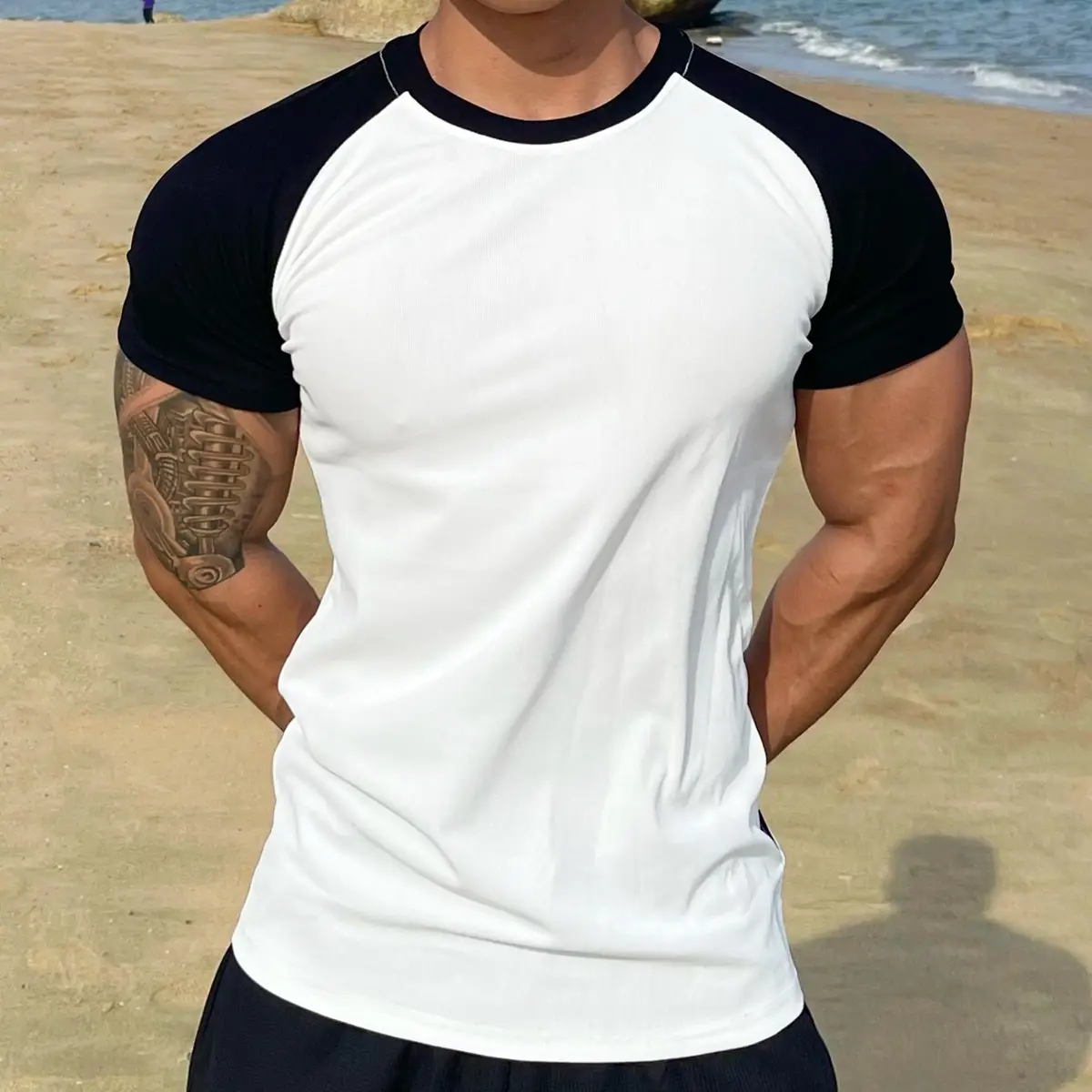 Men's Muscle Sports Semi-Tight Stretch T-Shirt White Black — feature 25