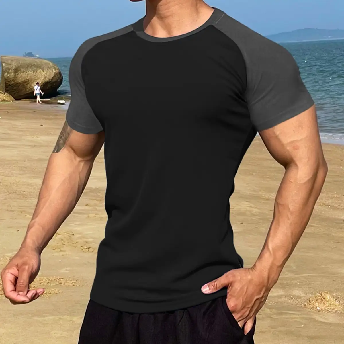 Men's Muscle Sports Semi-Tight Stretch T-Shirt White Black — feature 26