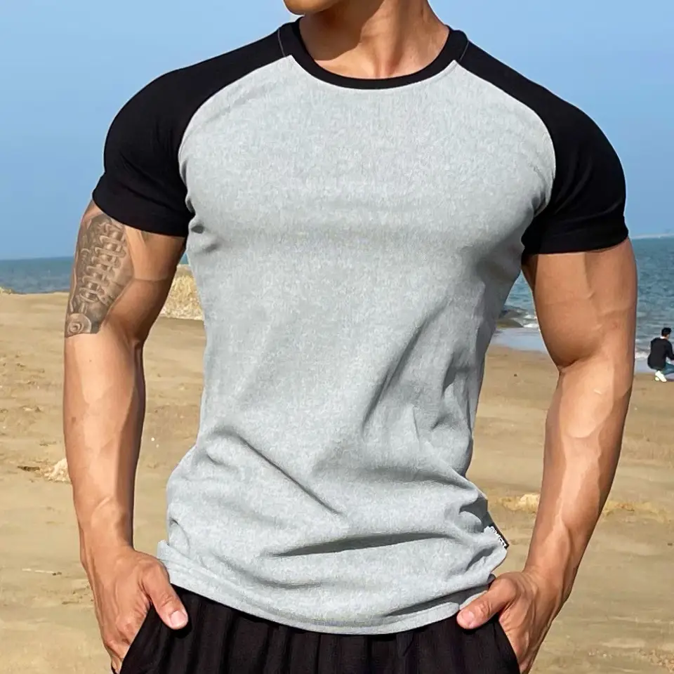 Men's Muscle Sports Semi-Tight Stretch T-Shirt White Black — feature 28