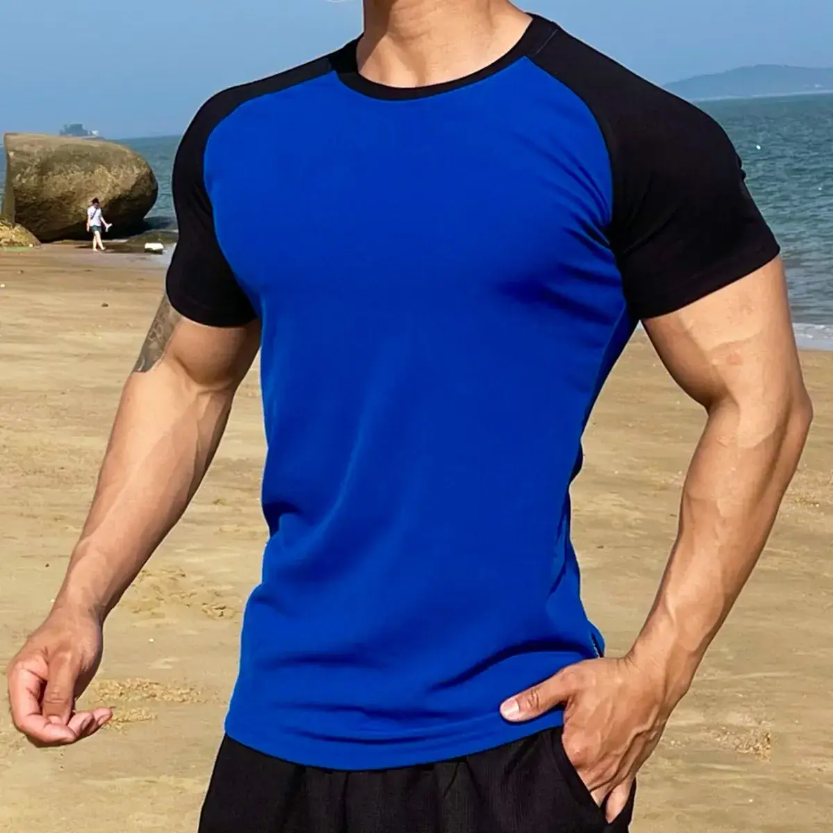 Men's Muscle Sports Semi-Tight Stretch T-Shirt White Black - Image 3