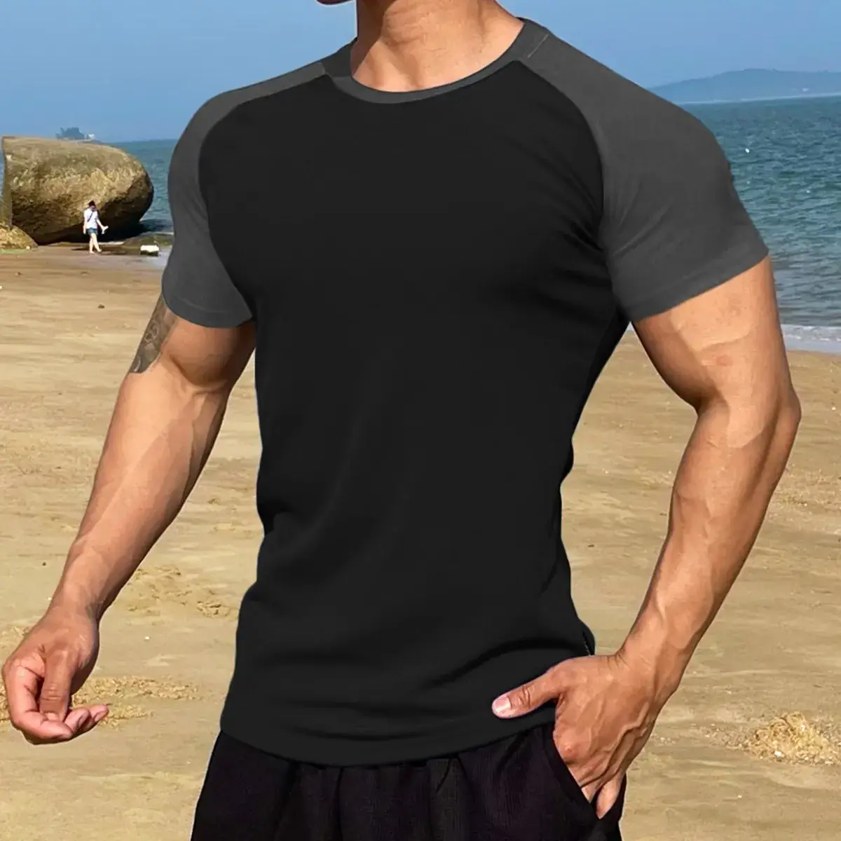 Men's Muscle Sports Semi-Tight Stretch T-Shirt White Black - Image 4
