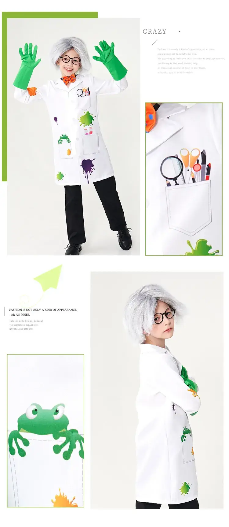 Crazy Frankenstein Lab Coat Green Gloves for Kids — feature 8