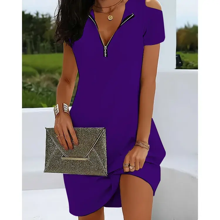 Blue Zipper Off-Shoulder Summer Dress for Women