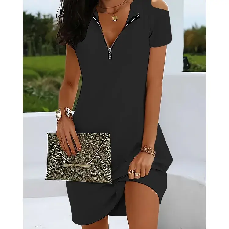 Blue Zipper Off-Shoulder Summer Dress for Women