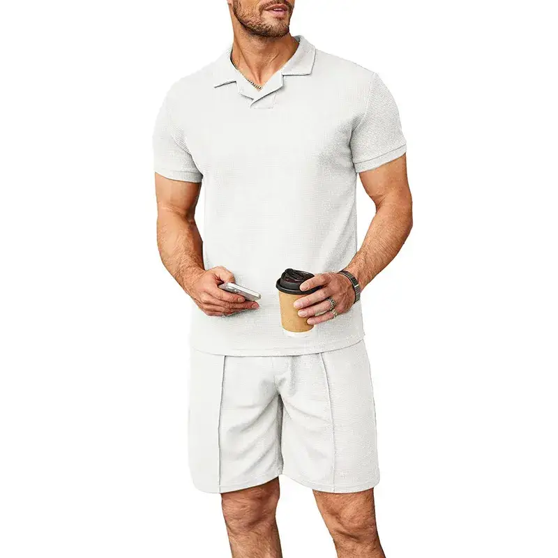 2023 Men Blue Waffle Polo Shirt Set Short Sleeve - Image 7