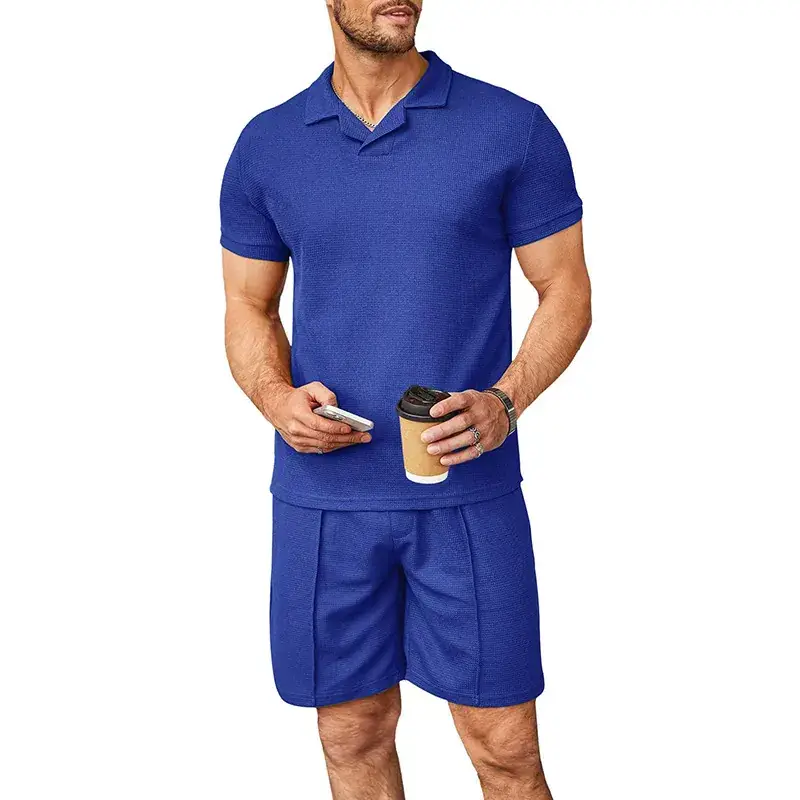 2023 Men Blue Waffle Polo Shirt Set Short Sleeve - Image 8