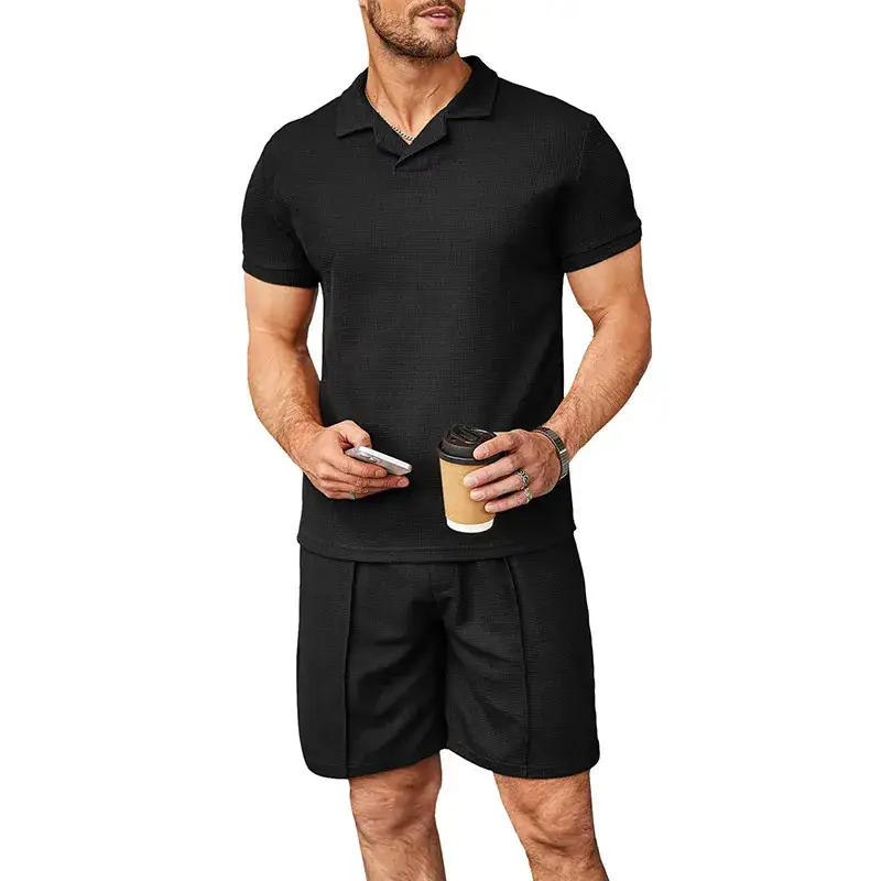 2023 Men Blue Waffle Polo Shirt Set Short Sleeve - Image 9