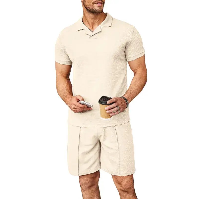 2023 Men Blue Waffle Polo Shirt Set Short Sleeve - Image 10