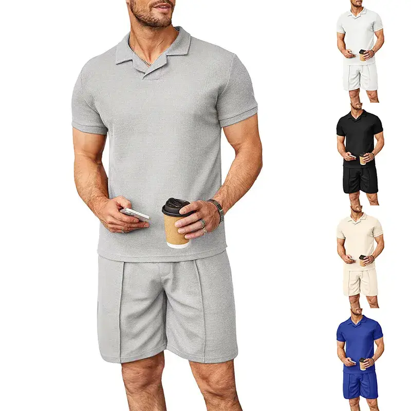 2023 Men Blue Waffle Polo Shirt Set Short Sleeve — feature 5
