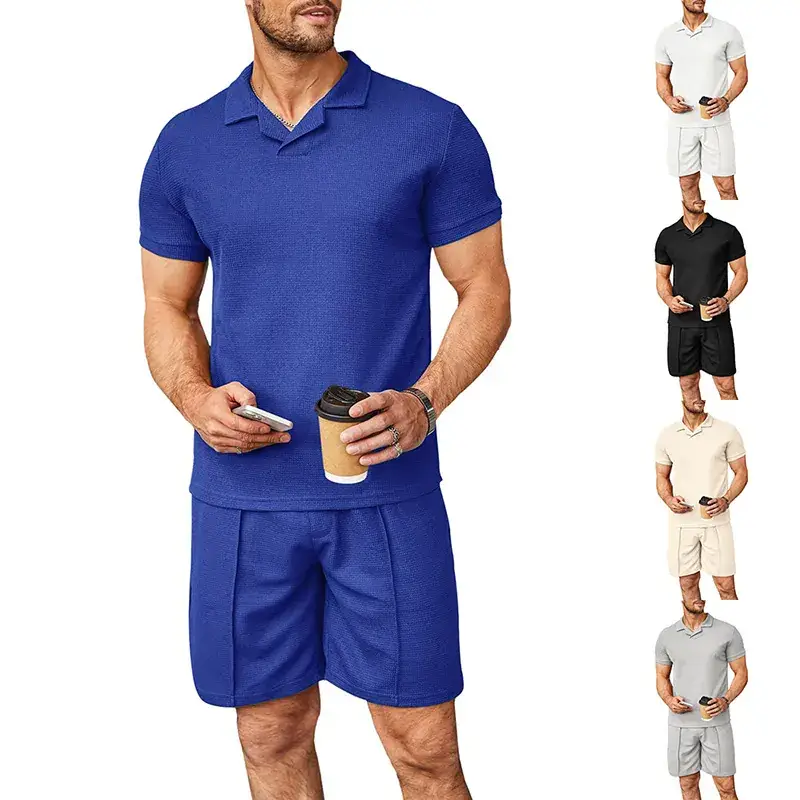 2023 Men Blue Waffle Polo Shirt Set Short Sleeve — feature 6