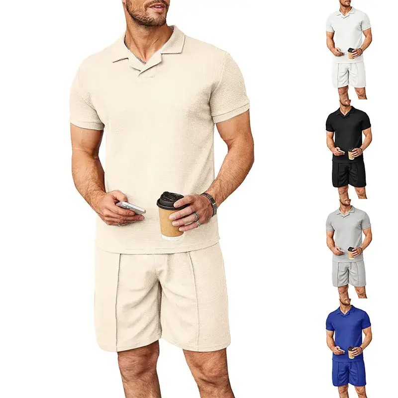 2023 Men Blue Waffle Polo Shirt Set Short Sleeve — feature 7