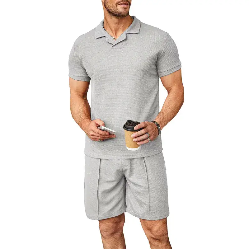 2023 Men Blue Waffle Polo Shirt Set Short Sleeve - Image 5