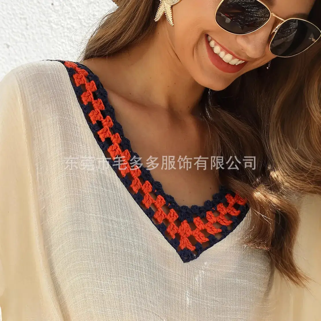 Women's Black Hollow V-Neck Short Sleeve Beach Shirt with Red Embroidery - Image 6