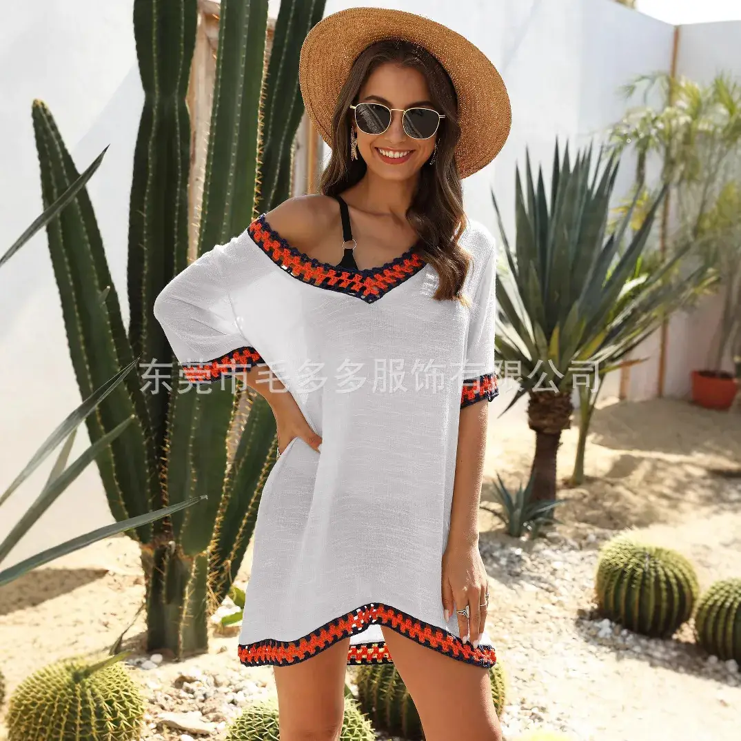 Women's Black Hollow V-Neck Short Sleeve Beach Shirt with Red Embroidery - Image 8
