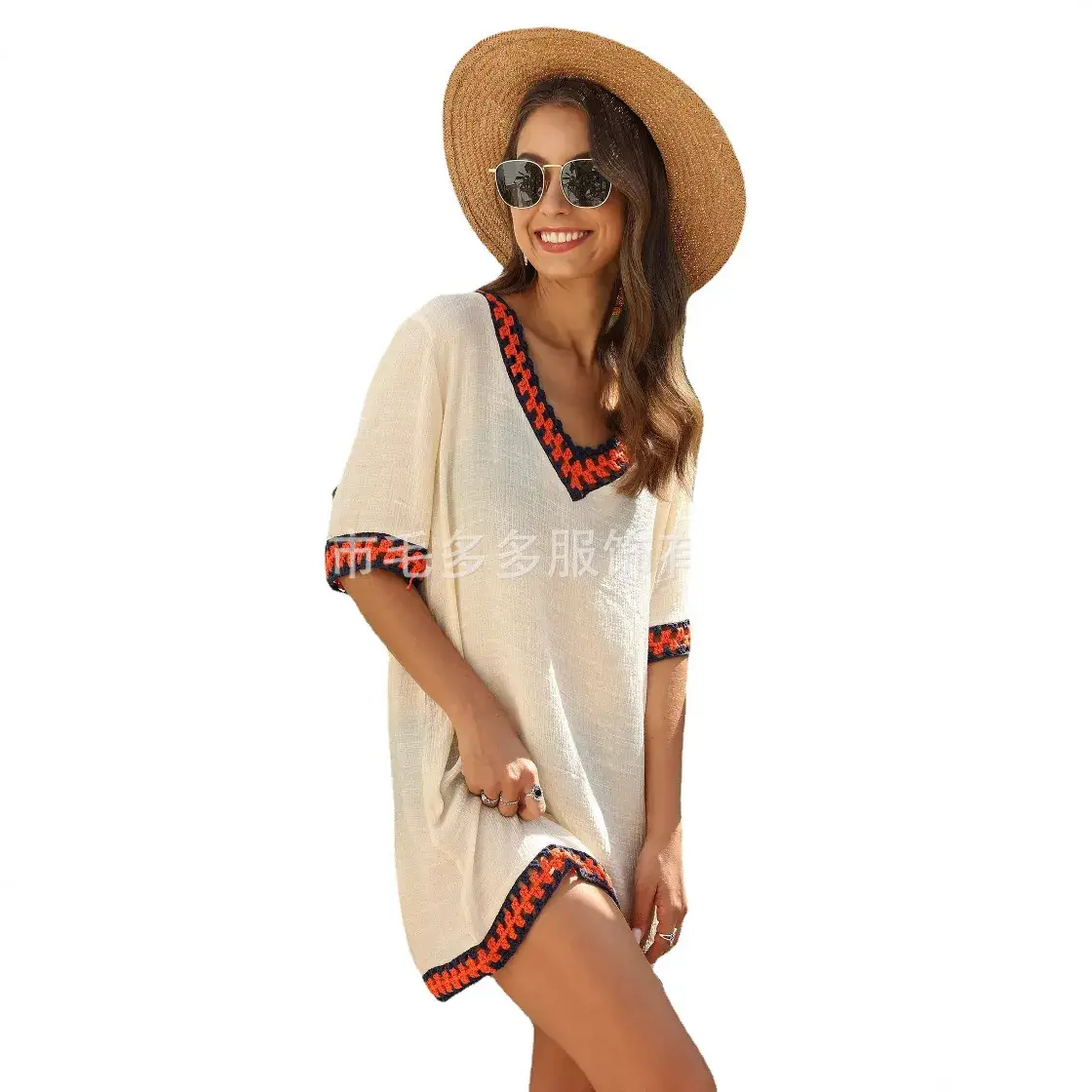 Women's Black Hollow V-Neck Short Sleeve Beach Shirt with Red Embroidery - Image 9