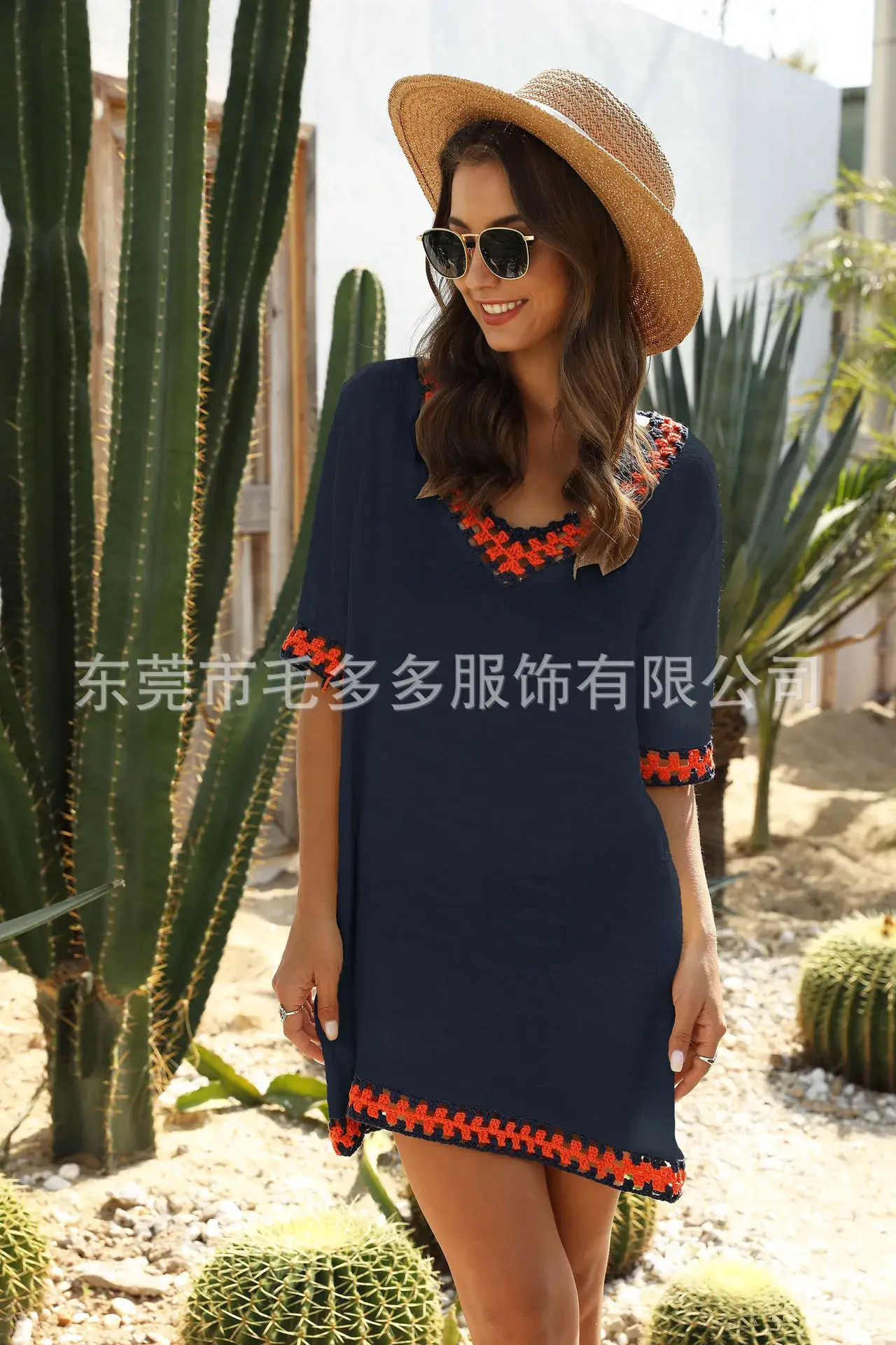 Women's Black Hollow V-Neck Short Sleeve Beach Shirt with Red Embroidery - Image 4