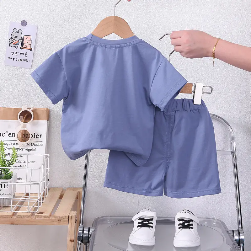 Blue Printed Cotton Boys Shorts Set Summer - Image 7