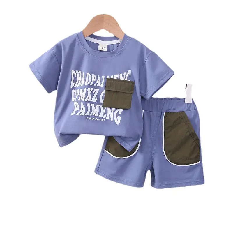 Blue Printed Cotton Boys Shorts Set Summer - Image 8