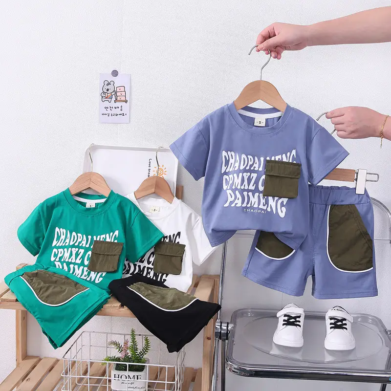 Blue Printed Cotton Boys Shorts Set Summer — feature 1