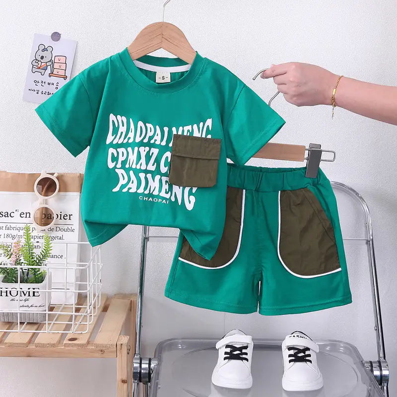Blue Printed Cotton Boys Shorts Set Summer — feature 2