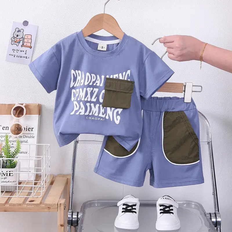 Blue Printed Cotton Boys Shorts Set Summer — feature 4