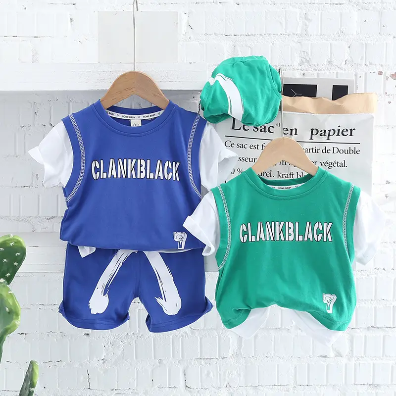 Children's Green Clank Black Cotton Shorts Suit Summer - Image 5