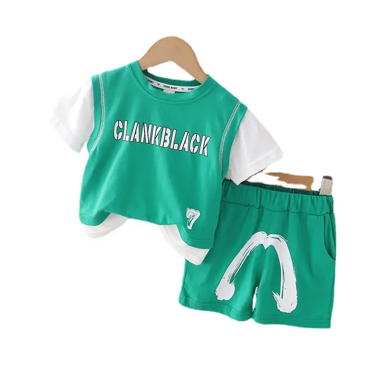 Children's Green Clank Black Cotton Shorts Suit Summer - Image 7